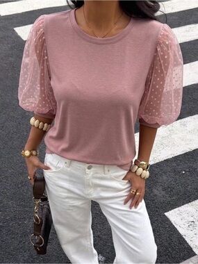 Sheer Puff-Sleeve Crewneck Top in Dusty Rose